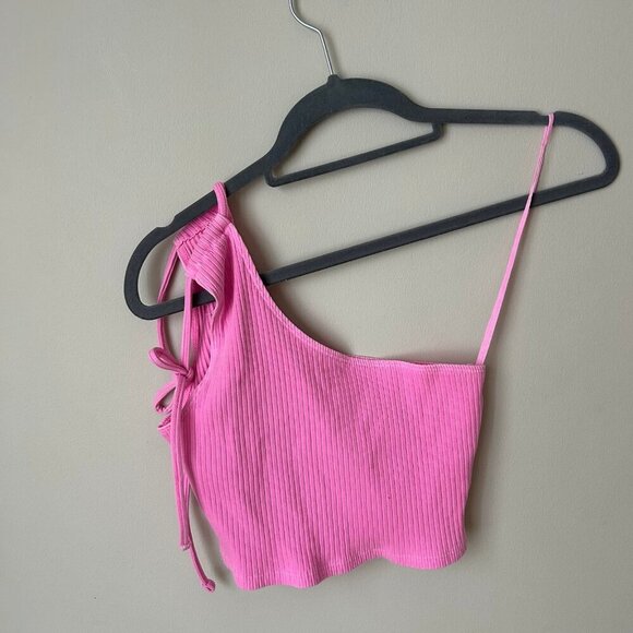 NWOT Barbie Hot Pink One Shoulder Cropped Sleeveless Top Women’s Size Medium - Picture 2 of 6